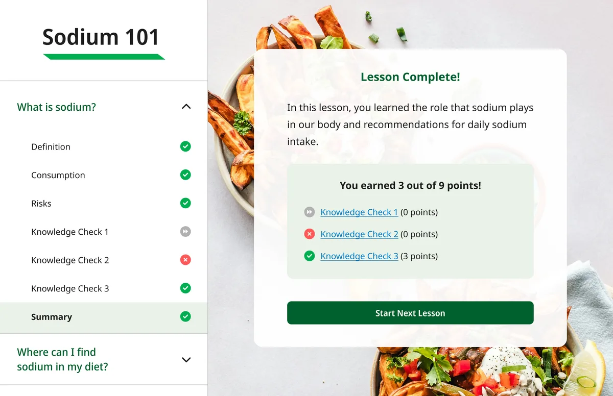 Sodium Navigator — Lesson Complete screen showing gamified progress